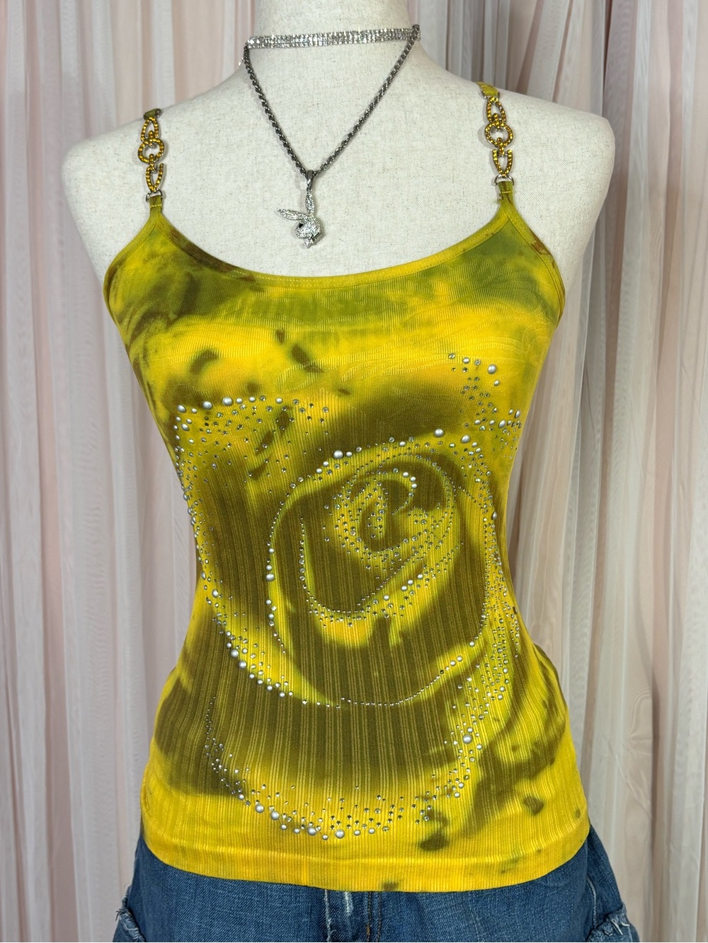 Yellow Rose-Print Chain-Strap Rhinestone Tank Top
